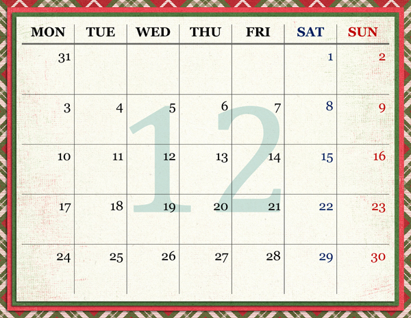 2018 Calendar - Dec (bottom)