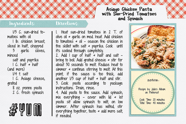 Asiago Chicken Pasta with Sun-Dried Tomatoes  & Spinach recipe