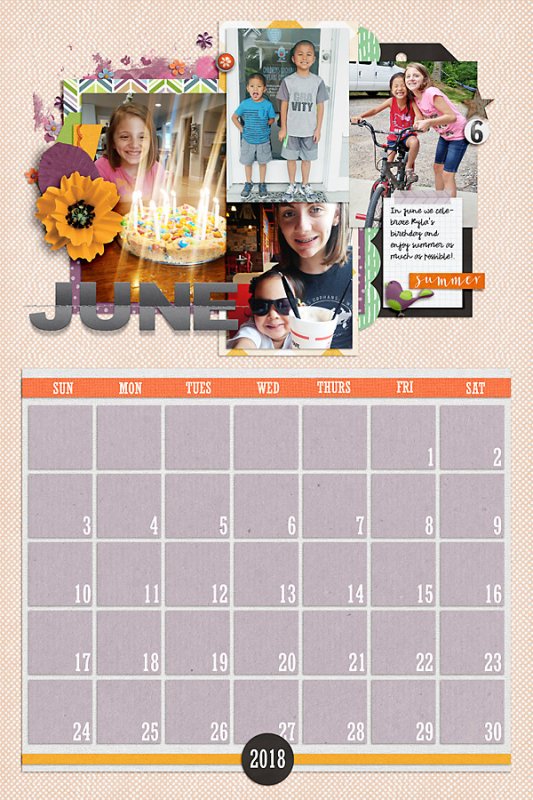 June Calendar Page for 2018