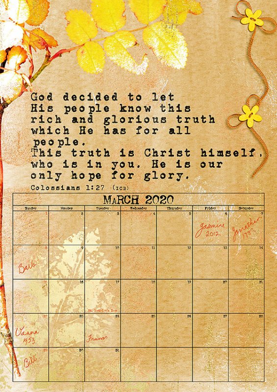 March 2020 Calendar page