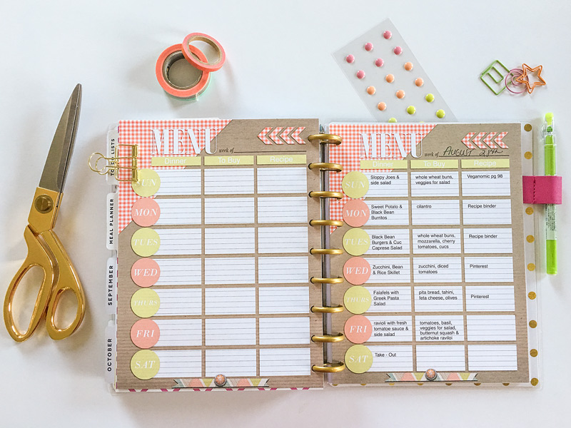 Menu Planner pages for Mambi Happy Planner