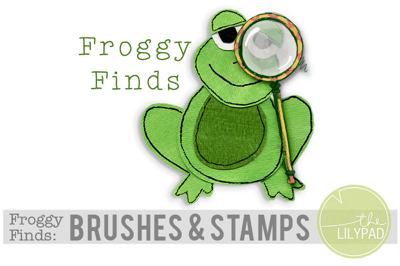 Cartoon green frog holding a magnifying glass with text reading “Froggy Finds: Brushes & Stamps” and The Lilypad logo.