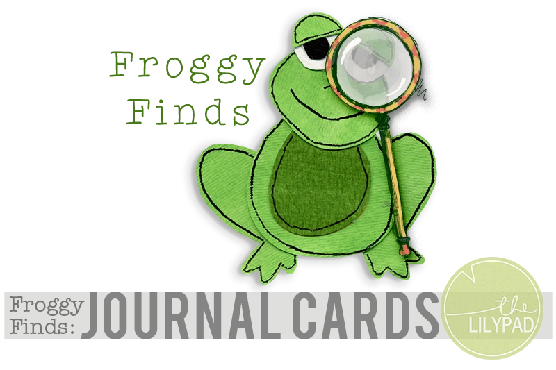 Illustration of a smiling green frog holding a magnifying glass, with the text "Froggy Finds" above and "Froggy Finds: Journal Cards" below, along with "the Lilypad" logo.