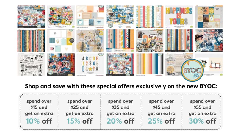 Digital Scrapbooking Kits and Coordinated Papers from the August 2025 BYOC Collection with Tiered Discount Offers