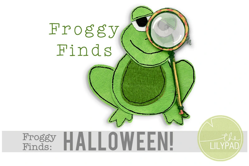 Illustrated green frog holding a magnifying glass with the text “Froggy Finds: Halloween!” and The Lilypad
