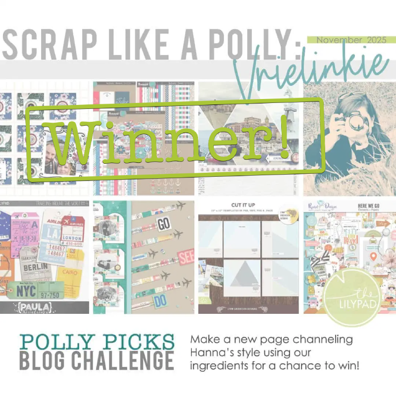 Feature graphic for the Scrap Like a Polly November blog challenge showing a collage of scrapbook layouts and designs, overlaid with a green “Winner!” banner and text promoting the Polly Picks blog challenge.