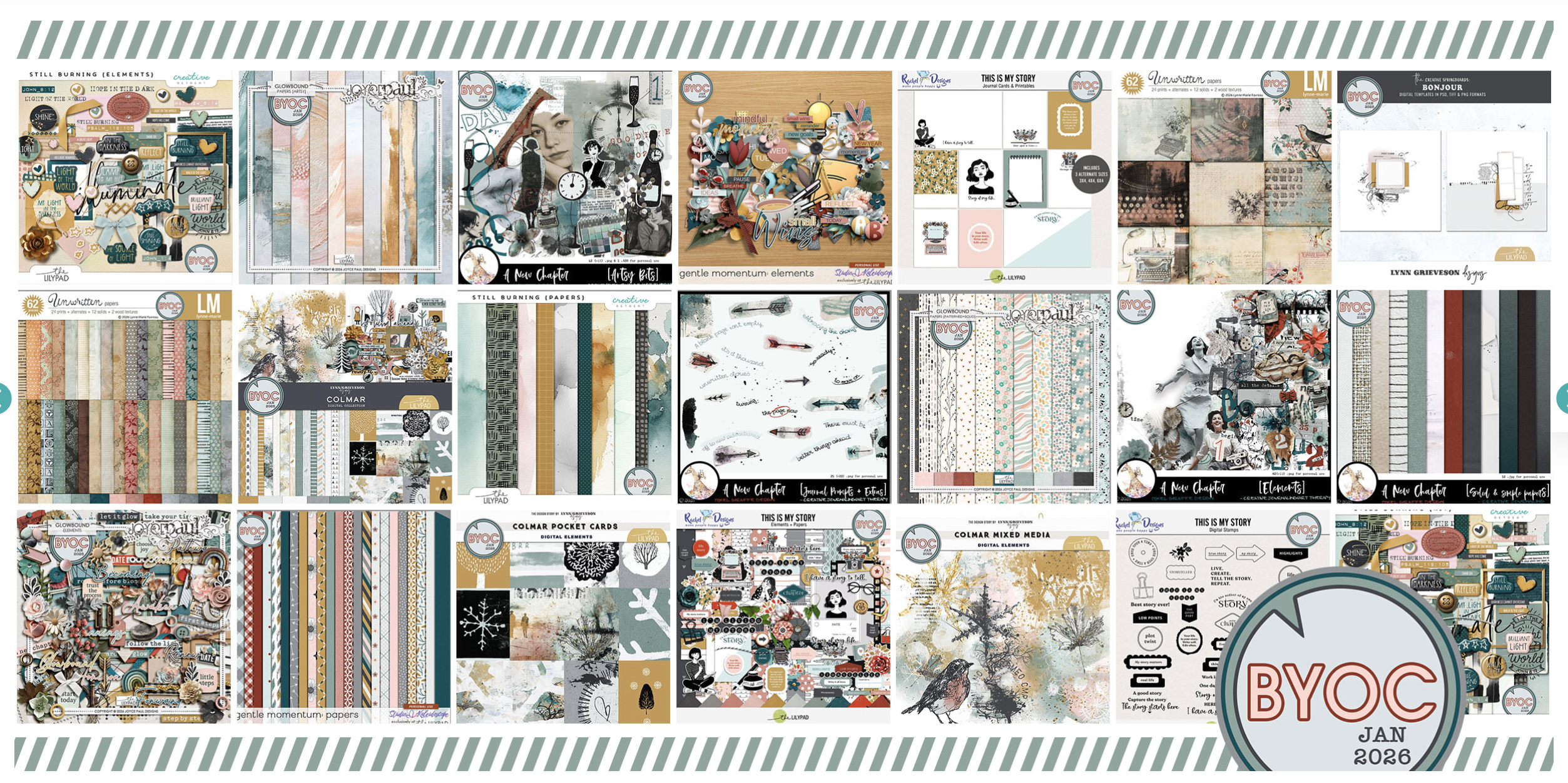 Grid collage of digital scrapbooking kits and papers featured in The Lilypad Build Your Own Collection for January 2026.