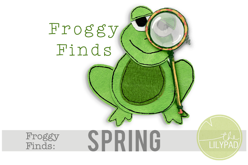 Illustrated green frog holding a magnifying glass with the text “Froggy Finds: Spring” and The Lilypad logo.