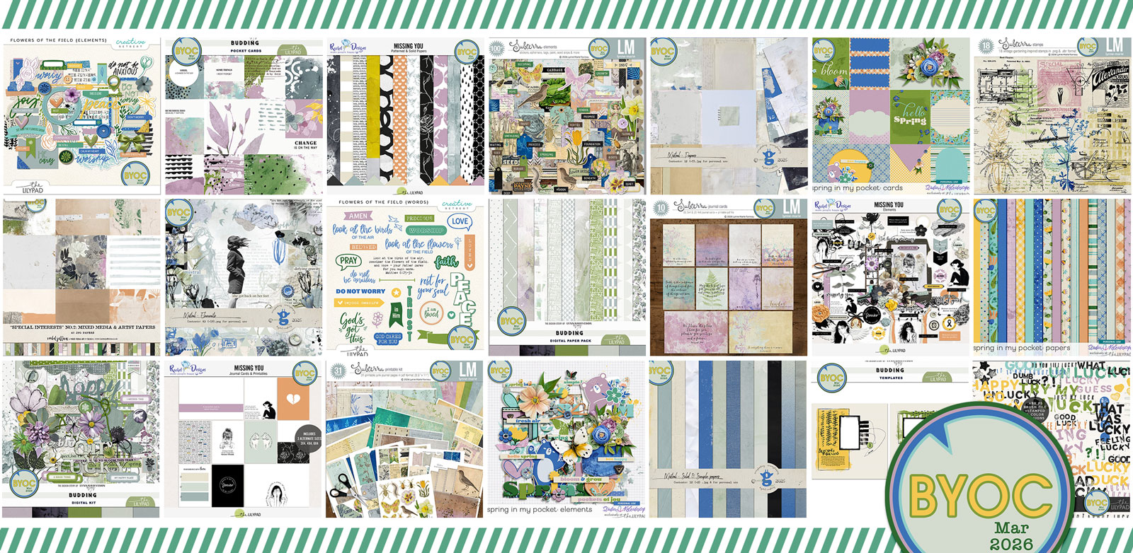 A grid preview of digital scrapbooking products available in the BYOC March 2026 event at The Lilypad, featuring paper packs, element kits, journal cards, templates, and word art in spring-themed greens, blues, purples, and neutrals. The BYOC March 2026 badge appears in the bottom right corner.