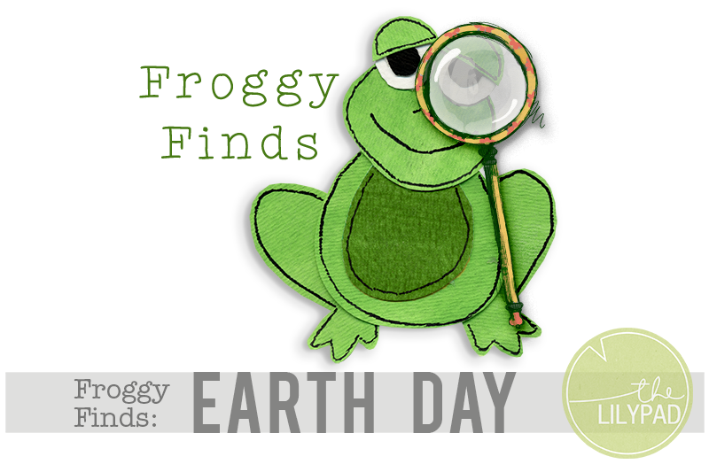 Illustrated green frog holding a magnifying glass with the text “Froggy Finds: Earth Day” and The Lilypad logo
