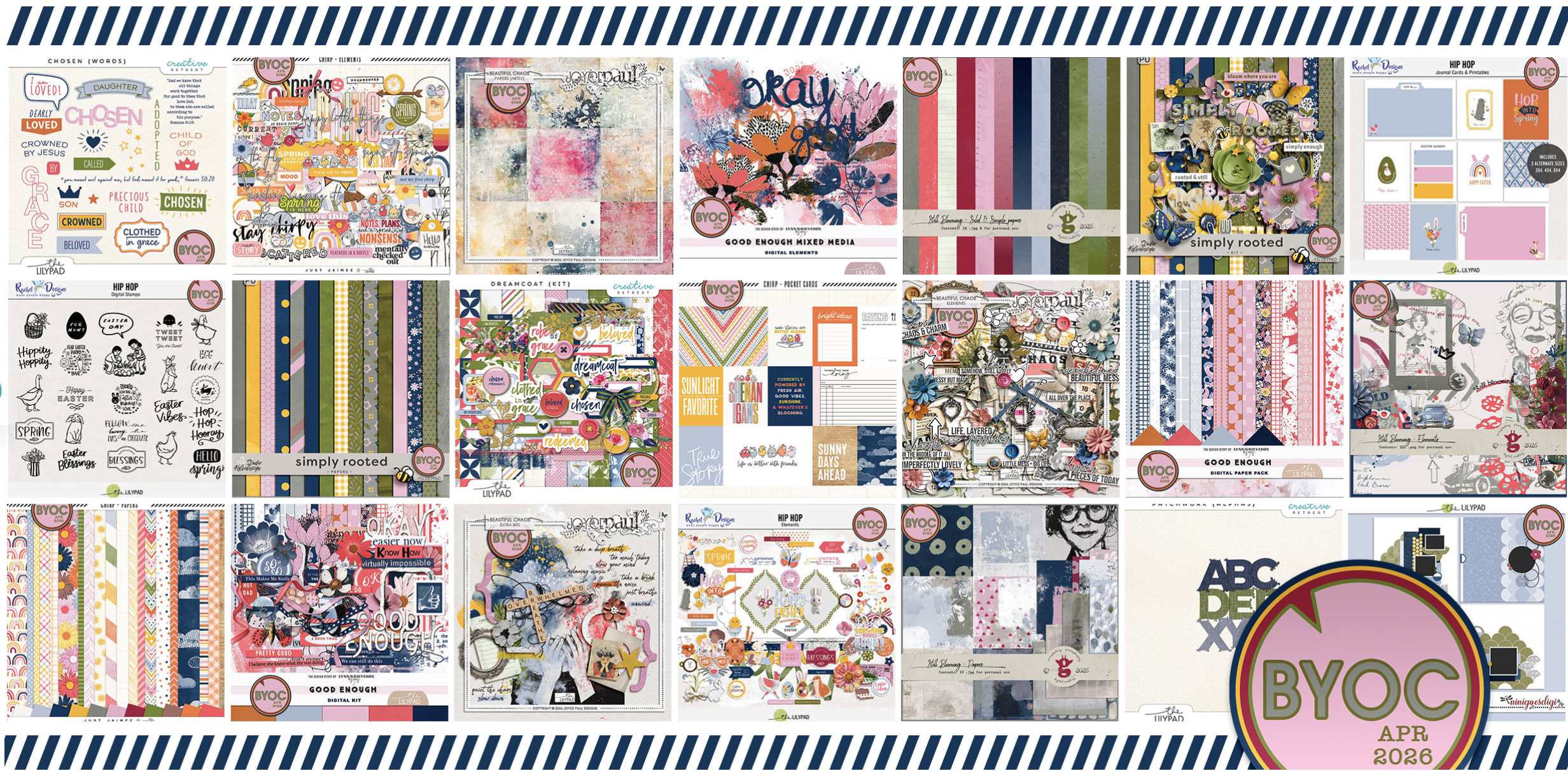 Collage of digital scrapbooking kits and papers from The Lilypad Build Your Own Collection for April 2026.
