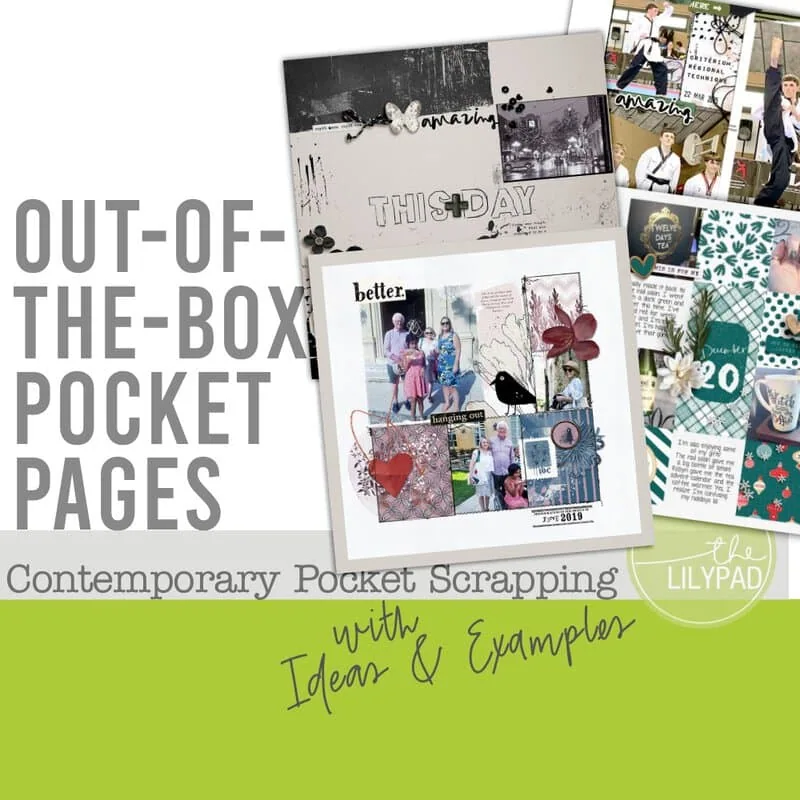 Contemporary pocket scrapbooking layouts featuring creative pocket pages, family photos, mixed media embellishments, journaling cards, and modern memory-keeping designs.