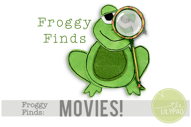 Illustrated green frog holding a magnifying glass with the text “Froggy Finds: Movies!” and The Lilypad logo.