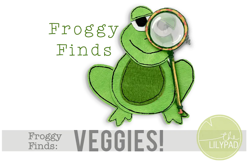 Illustrated green frog holding a magnifying glass with the text “Froggy Finds: Veggies!” and The Lilypad logo.