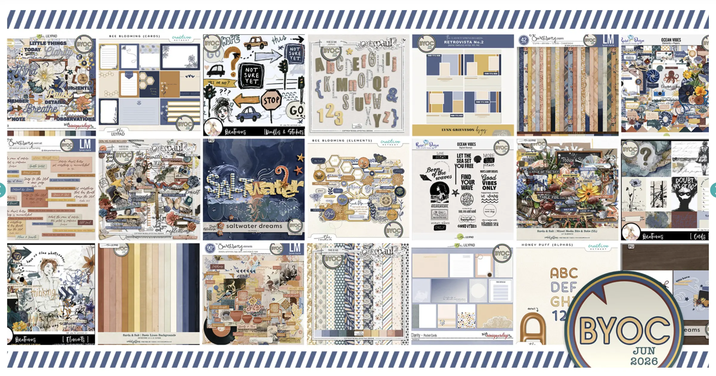Collage preview of digital scrapbooking kits, papers, and elements from The Lilypad Build Your Own Collection for June 2026.