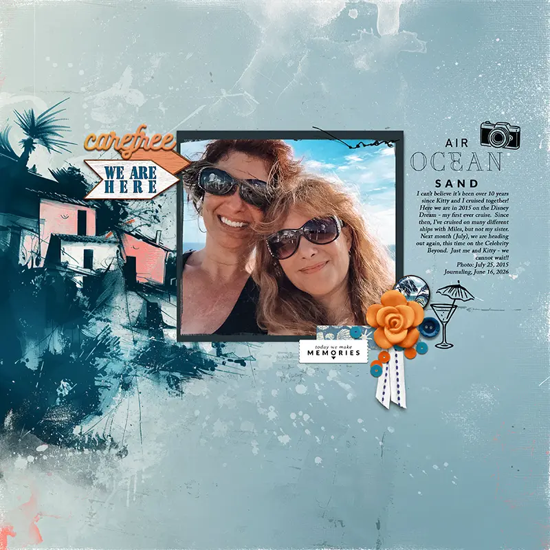 A summer-themed scrapbook layout featuring soft ocean-blue tones, distressed paint textures, tropical accents, a floral embellishment, and journaling about shared cruise memories and seaside adventures.