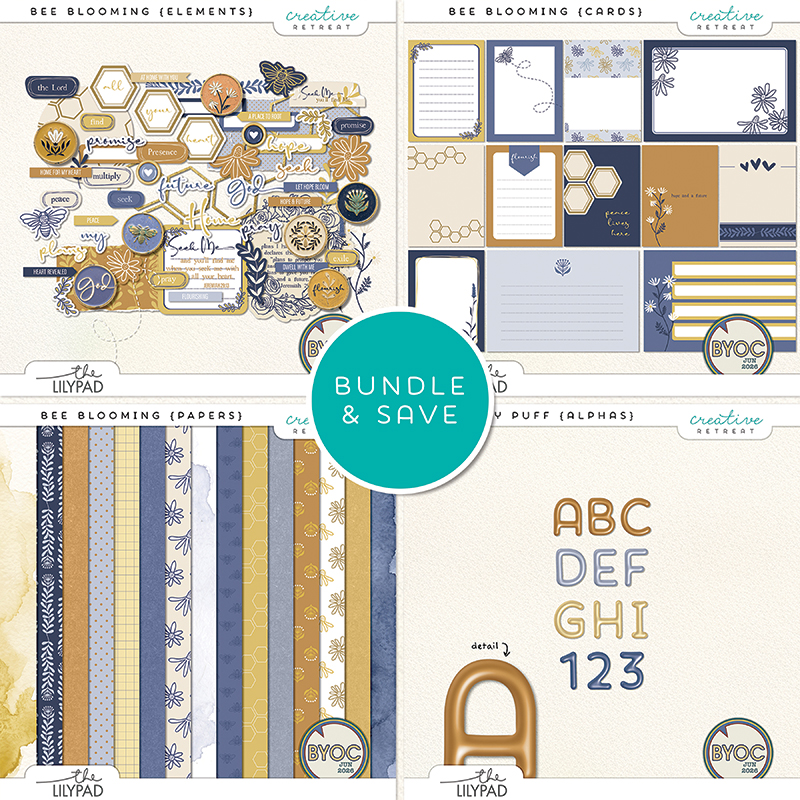 Preview of the Bee Blooming digital scrapbooking kit featuring coordinating patterned papers, honeybee illustrations, floral embellishments, faith-inspired word art, scripture elements, labels, buttons, journaling cards, and decorative accents in navy blue, golden yellow, cream, and soft gray tones.