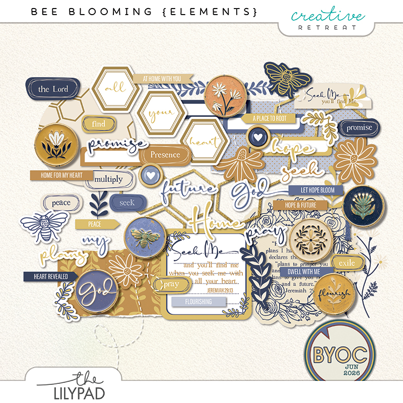 Faith-inspired digital scrapbooking kit featuring honeybee elements, florals, scripture-inspired word art, journaling cards, and stickers in soft navy, gold, and cream tones.