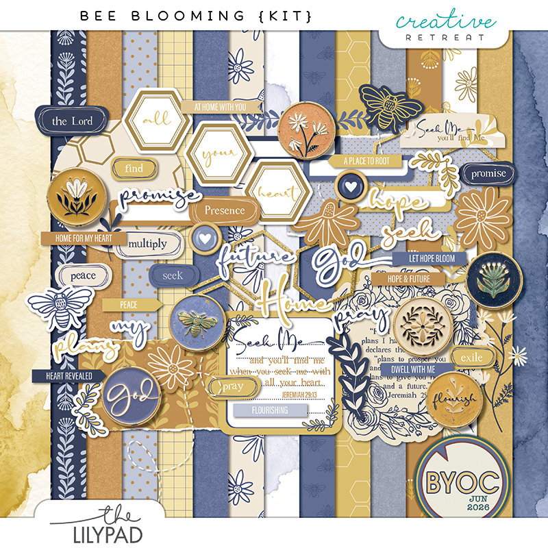 A faith-inspired digital scrapbooking kit featuring honeybee elements, florals, scripture-inspired word art, journaling cards, labels, and coordinating patterned papers in soft navy, gold, and cream tones.