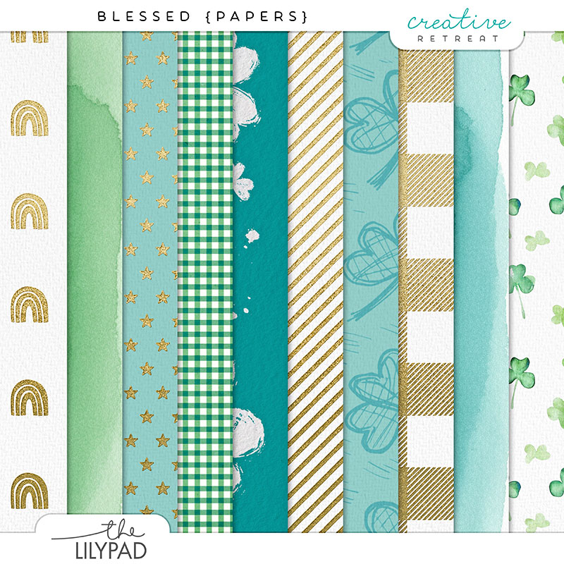 A preview of the Blessed digital scrapbooking paper collection. Papers include a white textured paper with gold glitter rainbows, a mint watercolor wash, a green and gold star scatter, a green and white gingham check with watercolor clouds, a teal paper with diagonal gold glitter stripes, a soft aqua shamrock and heart stamp print, a gold and teal buffalo check plaid, and a white paper with watercolor shamrocks. Colors are emerald green, mint, teal, and gold.