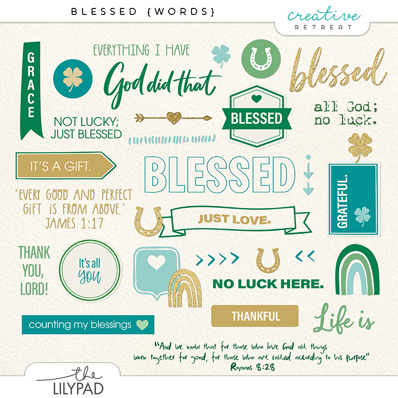 Faith-based digital scrapbooking word art in green, teal, and gold, featuring phrases like "God Did That," "Not Lucky; Just Blessed," scripture quotes, shaped badges, and decorative accents