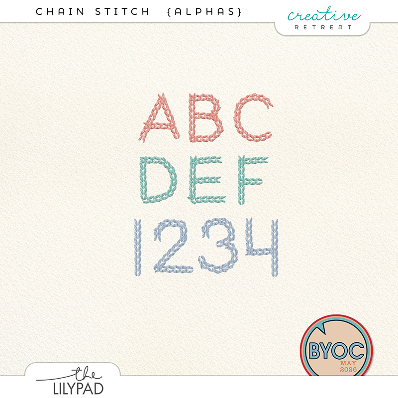 Digital stitched alphabet set featuring embroidered chain stitch letters in coral, teal, and blue on a neutral background.