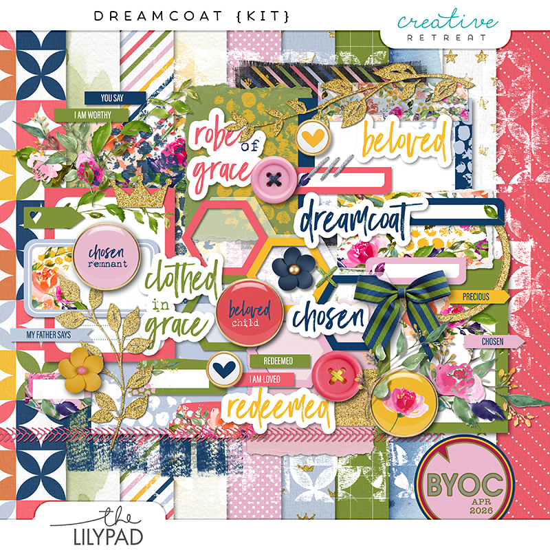 Colorful faith-based digital scrapbooking kit with florals, word art phrases like beloved and redeemed, layered embellishments, and patterned papers.