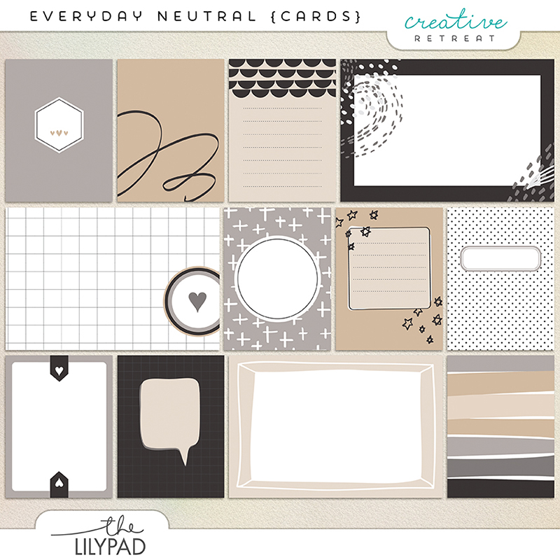 Everyday neutral digital journaling cards in cream, tan, gray, and black featuring grids, frames, labels, and simple modern patterns for scrapbooking and memory keeping.