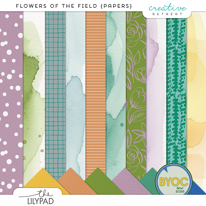 Preview of the Flowers of the Field digital scrapbooking paper pack showing watercolor wash backgrounds, floral pattern, grid print, stripes, stitching detail, and polka dots in soft green, blue, purple, and neutral tones.
