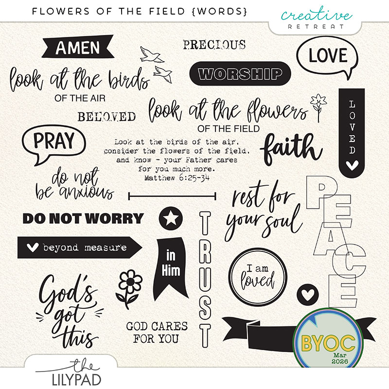 Preview of the Flowers of the Field Words digital word art set featuring faith-themed phrases and titles including “Do Not Worry,” “Do Not Be Anxious,” “Faith,” “Trust,” “Rest for Your Soul,” and worship-inspired designs in black and white.