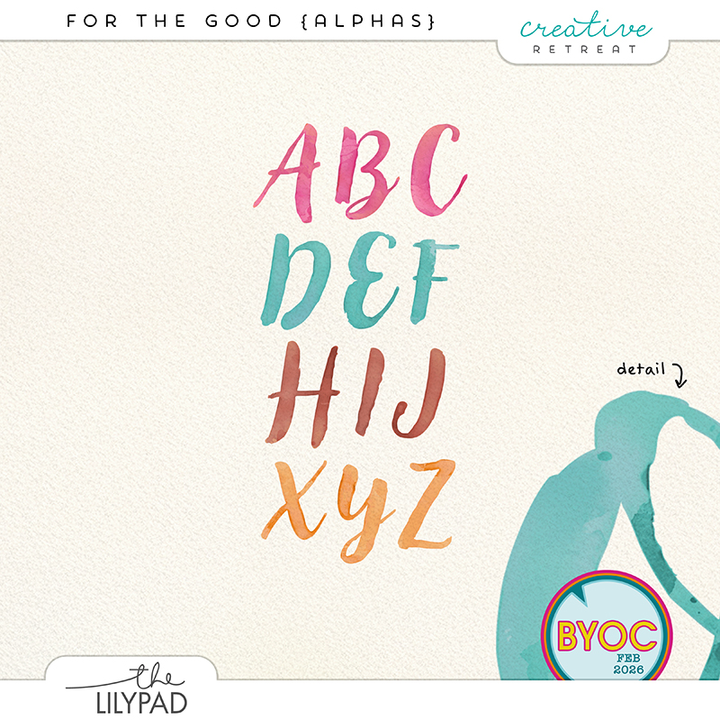 Watercolor alphabet letters in soft pink, teal, brown, and gold tones, digital scrapbook alphas.