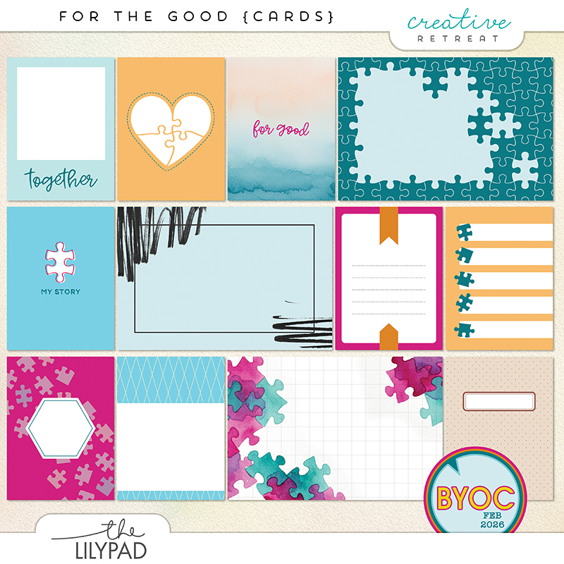 Set of digital pocket cards featuring watercolor textures, puzzle designs, and journaling spaces in soft teal, pink, and neutral tones.