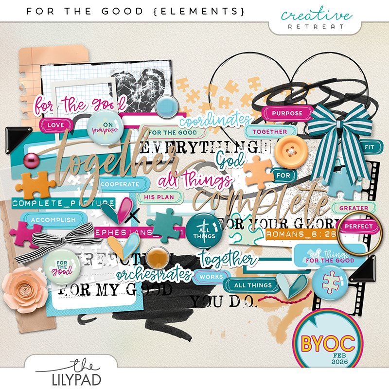 Faith-based digital scrapbooking elements including puzzle pieces, buttons, bows, flowers, word art, and scripture-inspired labels themed around Romans 8:28 and togetherness.