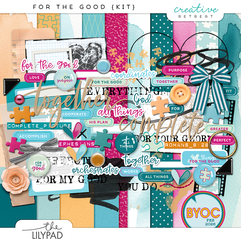 Faith-based digital scrapbooking kit with colorful patterned papers, puzzle pieces, bows, buttons, flowers, and scripture-inspired word art themed around Romans 8:28 and “all things work together for good.”