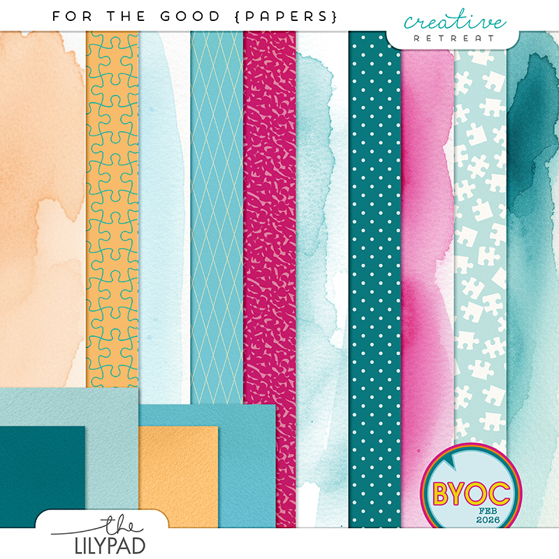 digital scrapbook papers featuring teal, aqua, coral, blush, and mustard watercolor textures with puzzle piece and geometric patterns.