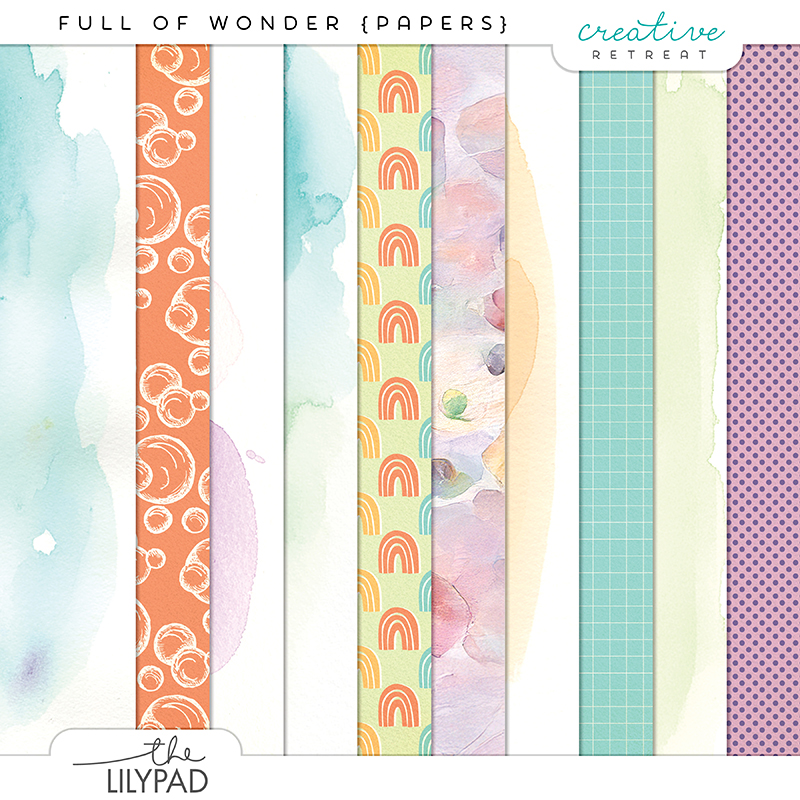 Preview image of the “Full of Wonder” digital papers featuring soft watercolor washes, pastel textures, rainbow patterns, subtle grids, and gentle mixed-media backgrounds designed for faith-based scrapbooking and Bible journaling.