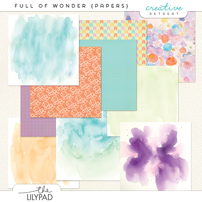 Preview image of the “Full of Wonder” digital papers featuring soft watercolor washes, pastel textures, rainbow patterns, subtle grids, and gentle mixed-media backgrounds designed for faith-based scrapbooking and Bible journaling.