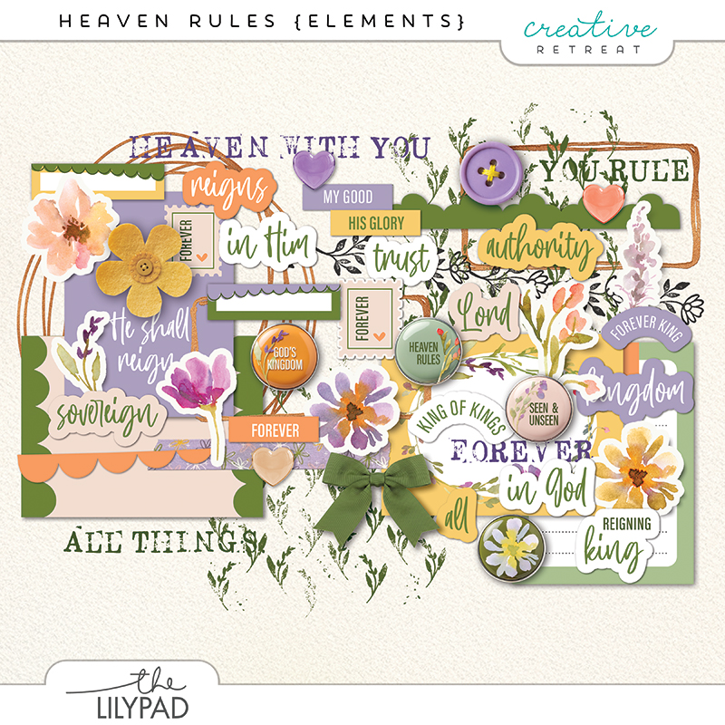 Faith-based digital scrapbook elements pack with floral embellishments, labels, buttons, and scripture word art in soft green, purple, and orange tones