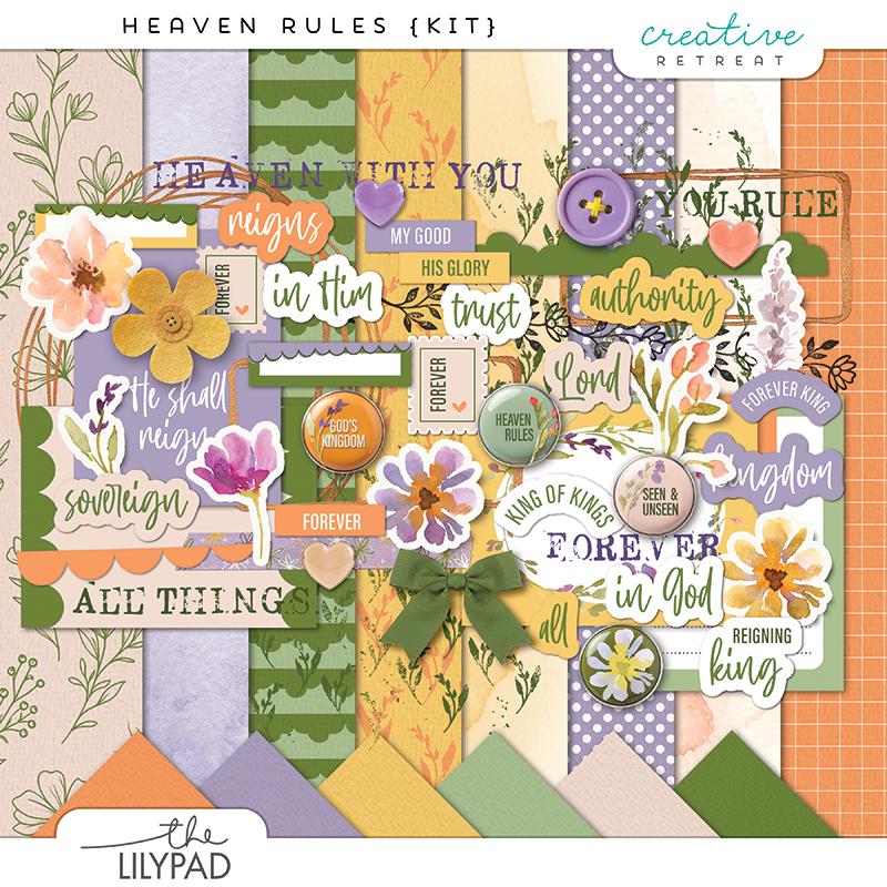 Faith-based digital scrapbooking kit with floral elements, scripture word art, and patterned papers in soft purple, green, and orange tones