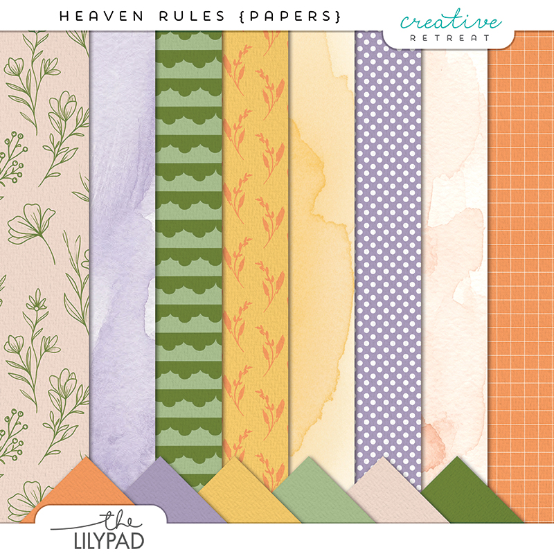 Spring digital scrapbook paper pack with floral patterns, watercolor textures, and pastel backgrounds in green, purple, yellow, and neutral tones