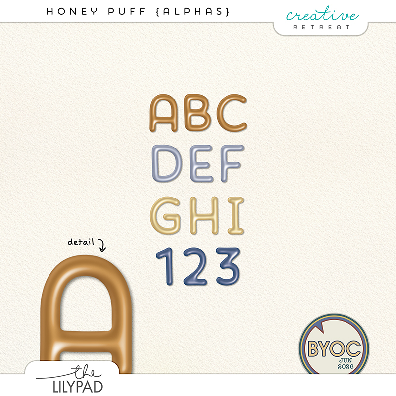 Preview of the Honey Puff Alphas digital scrapbook alphabet featuring rounded, dimensional puffy letters and numbers in honey gold, cream, and denim blue colors. The alphabet has a soft inflated appearance with smooth edges, ideal for scrapbook titles, Bible journaling, planners, and digital paper crafting projects.
