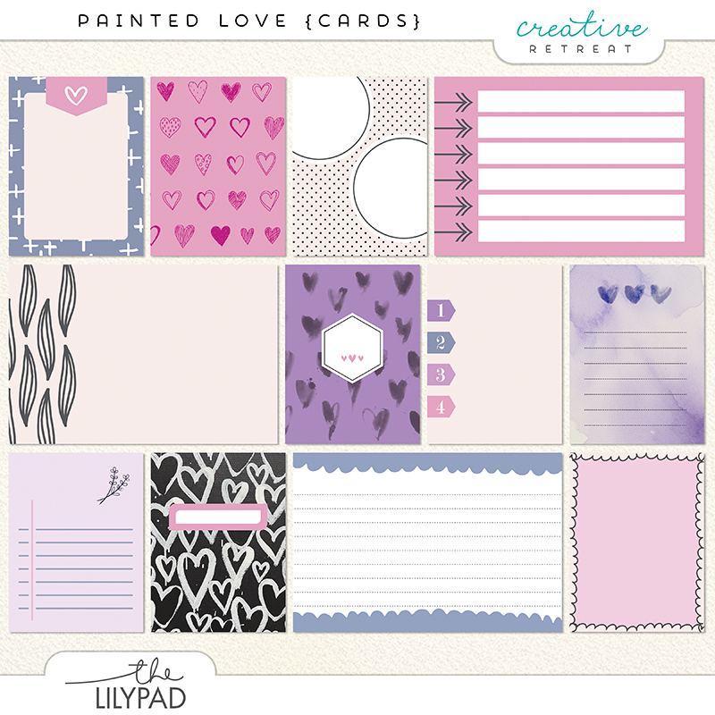 Preview image of the “Painted Love” digital journaling pocket cards featuring hand-painted hearts, watercolor textures, lined and list-style journaling spaces, playful patterns, and soft pink, purple, and neutral color palettes.