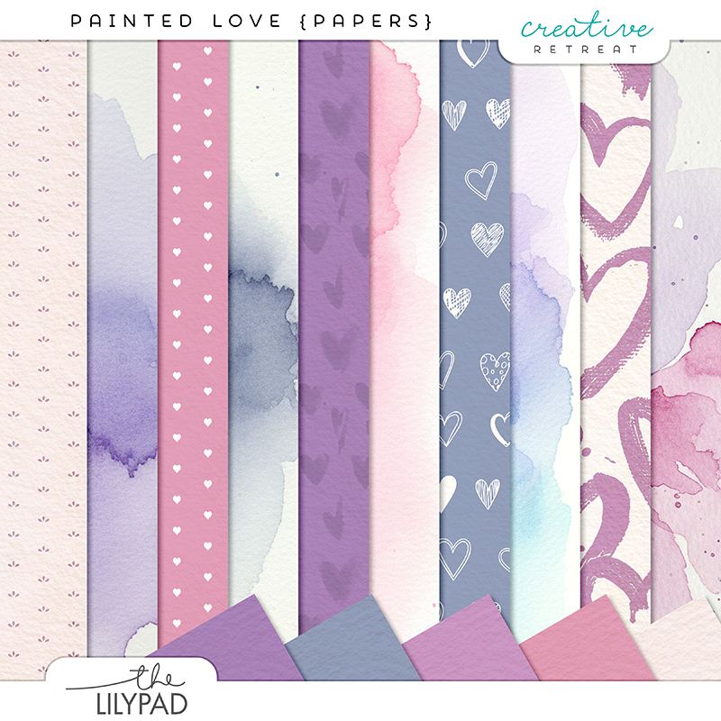 Preview image of the “Painted Love” digital papers featuring hand-painted textures, watercolor washes, playful heart patterns, soft pink and purple tones, neutral backgrounds, and mixed-media scrapbook paper designs.