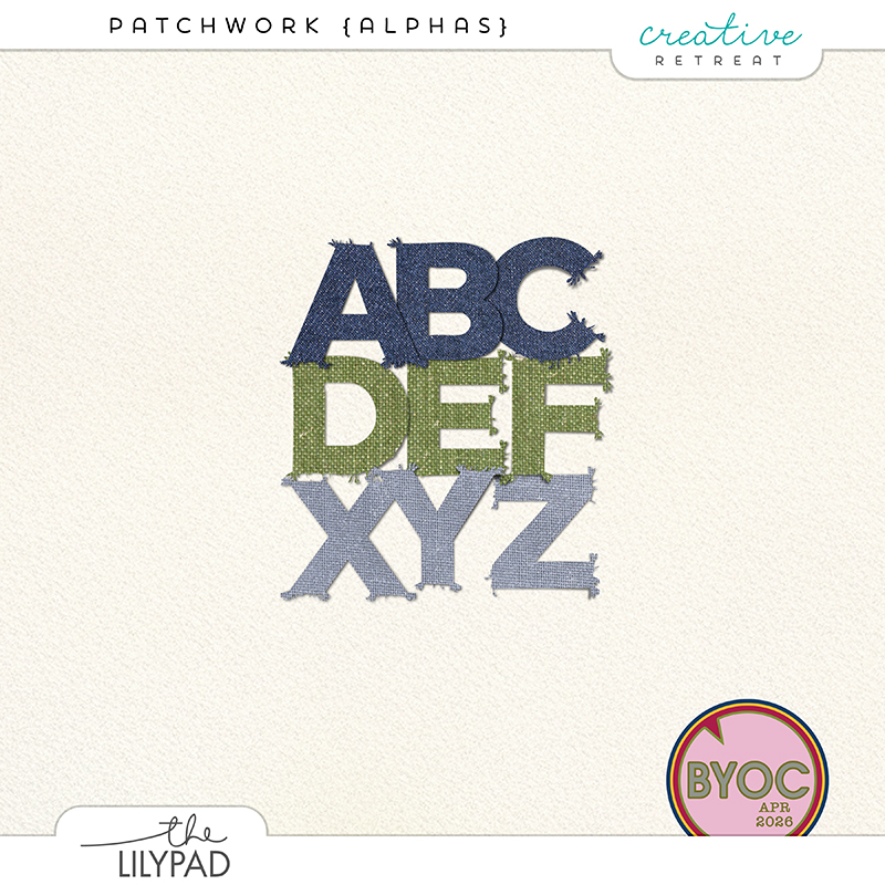 Preview of textured fabric alphabet PNG set. Includes frayed edge linen-style letters A–Z for digital scrapbooking.