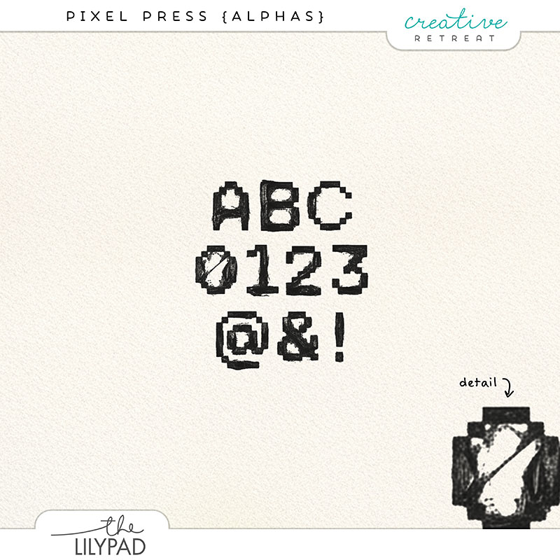 Retro pixel alphabet stamps inspired by video games, showing blocky letters, numbers, and symbols with stamped ink texture.