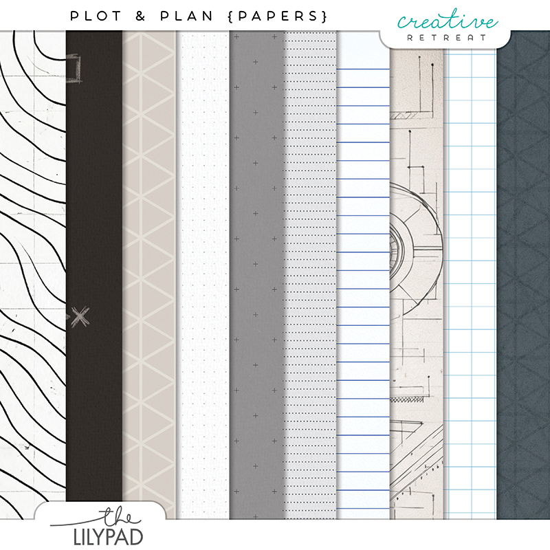 Neutral digital scrapbooking papers with blueprint, grid, dot, and geometric designs. Perfect for masculine, modern, and planner-inspired layouts.