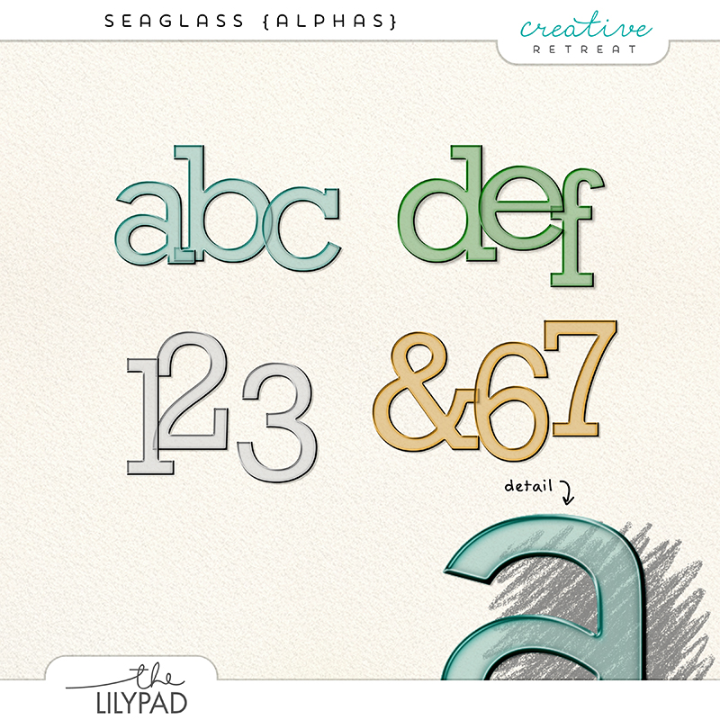 A digital scrapbooking alphabet preview of a coastal-inspired alphabet set in teal, sage, brown & clear with a smooth, dimensional sea glass look.