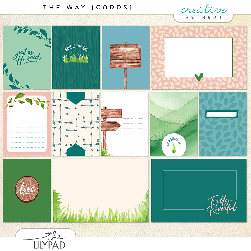 Faith-inspired digital scrapbooking journaling cards in green and teal with woodgrain sign designs and inspirational Easter phrases