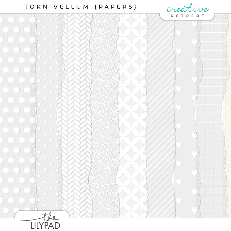 Preview image of neutral torn vellum digital papers featuring soft white and gray tones, translucent textures, torn edges, and subtle geometric patterns arranged side by side on a white background.