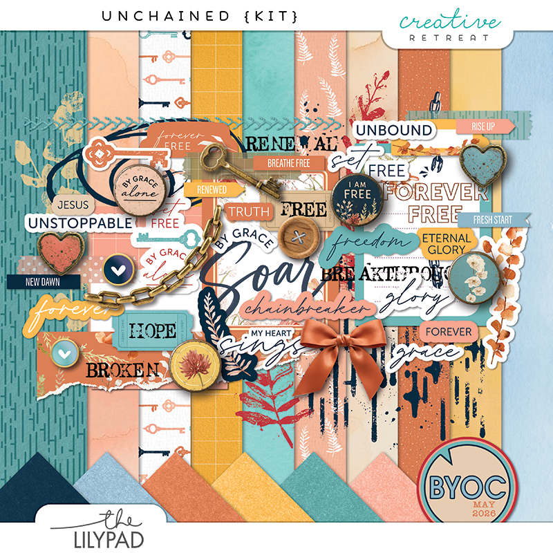 Faith-based digital scrapbooking kit featuring chains, keys, layered word art, and textured papers in teal, coral, and mustard tones with themes of freedom and renewal.